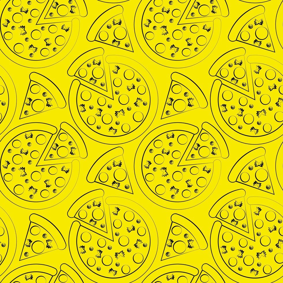 Seamless vector pattern with outline yellow pizza