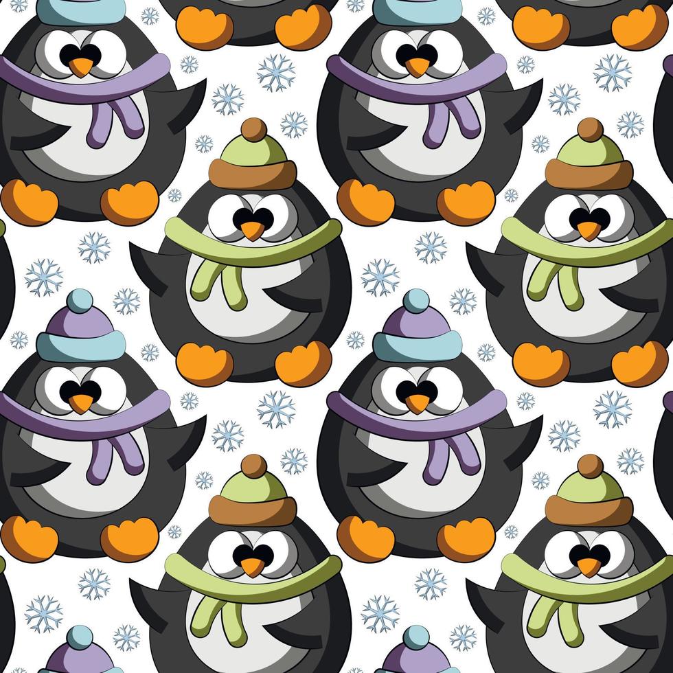 Seamless vector pattern with cute cartoon Penguin in headwear and scarf