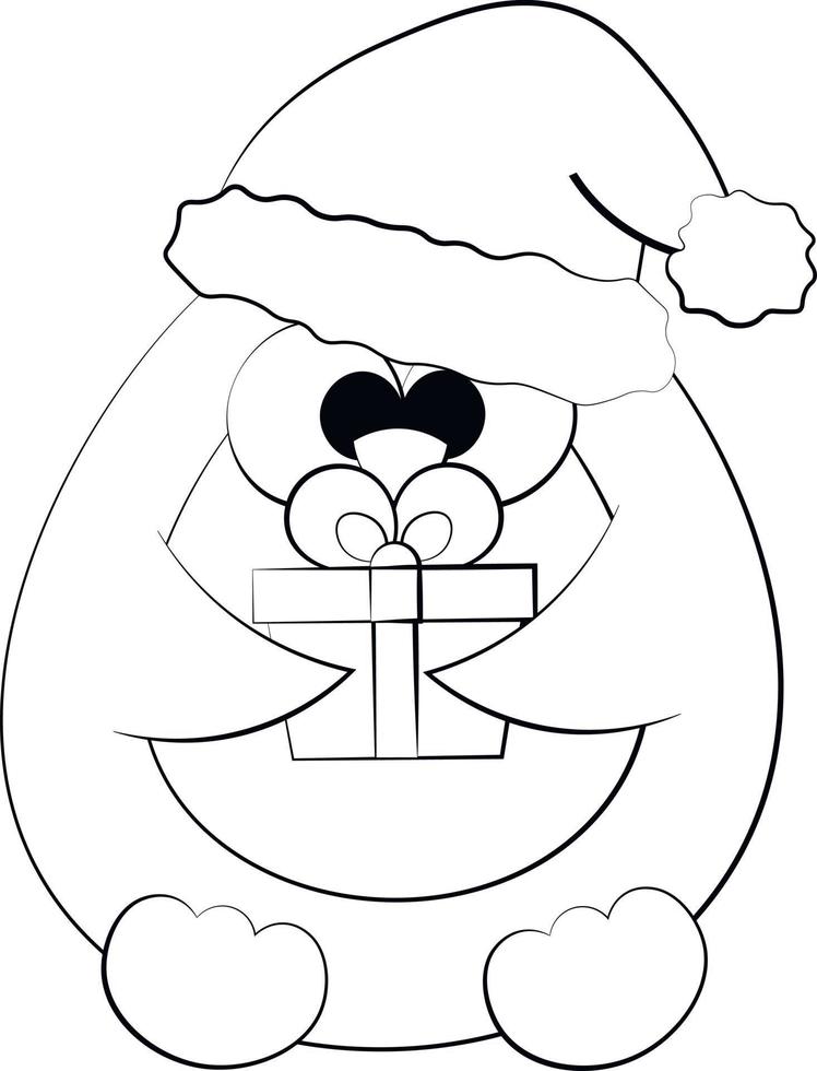 lindo pingüino de dibujos animados en sombrero de navidad con caja de regalo. dibujar ilustraciones en blanco y negro vector