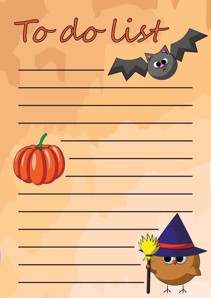 Cheek To do list with halloween owl, pumpkin and bat vector