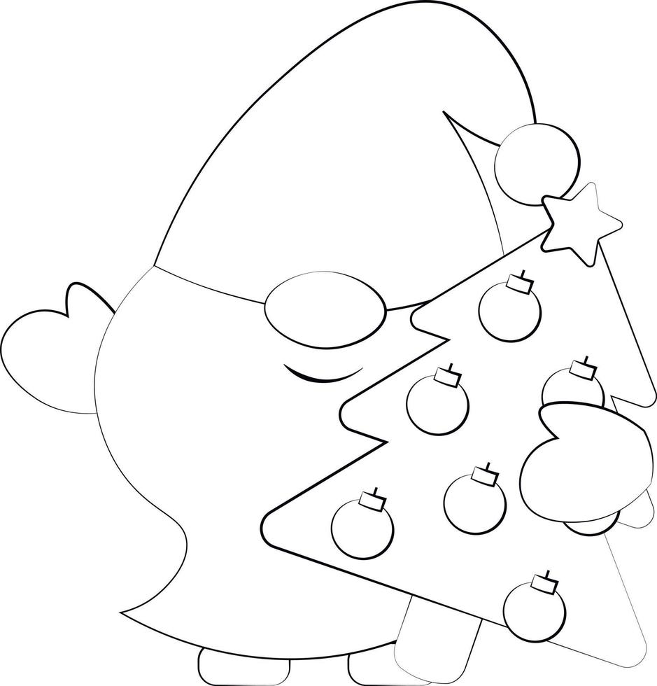 Little christmas Gnome with christmas tree. Draw illustration in black and white vector