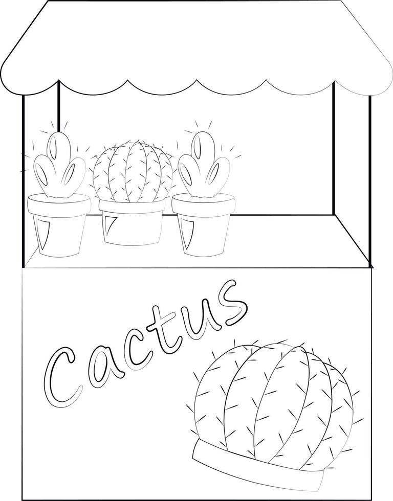 mostrador de puesto con cactus. dibujar ilustraciones en blanco y negro vector