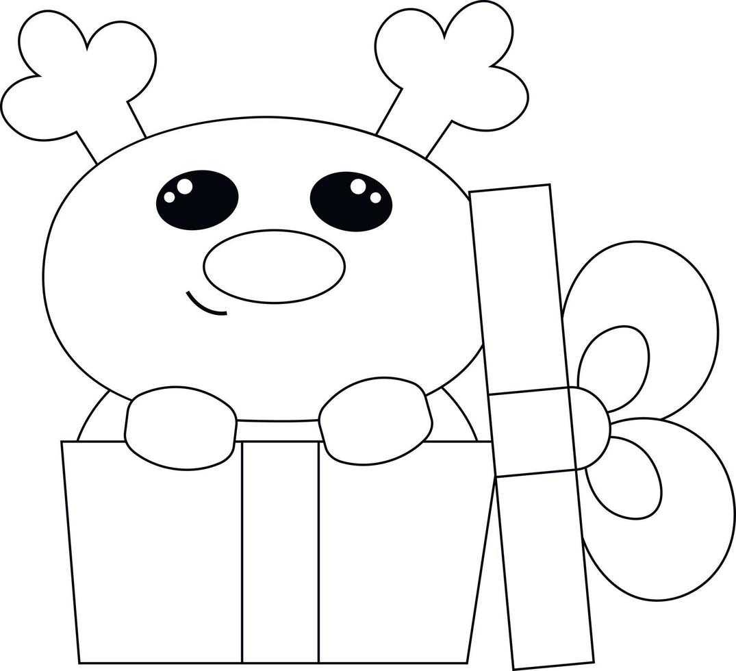 Cute cartoon Reindeer in gift box. Draw illustration in black and white vector