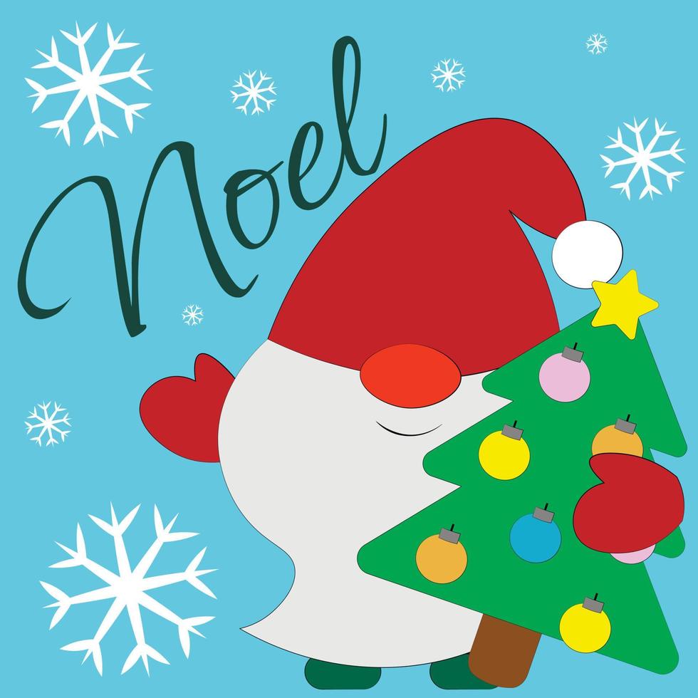 Christmas greeting postcard with character Gnome and Christmas tree vector