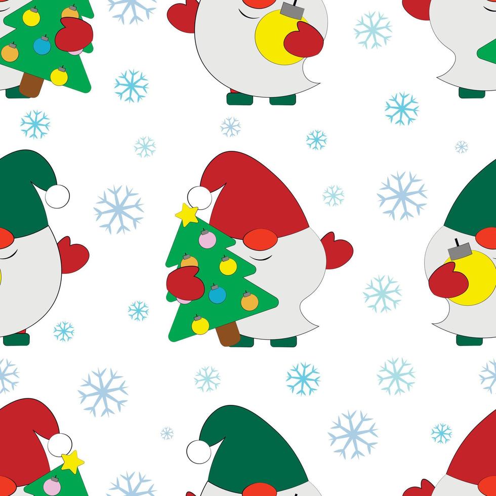 Seamless vector pattern with cute cartoon Gnome with Christmas tree