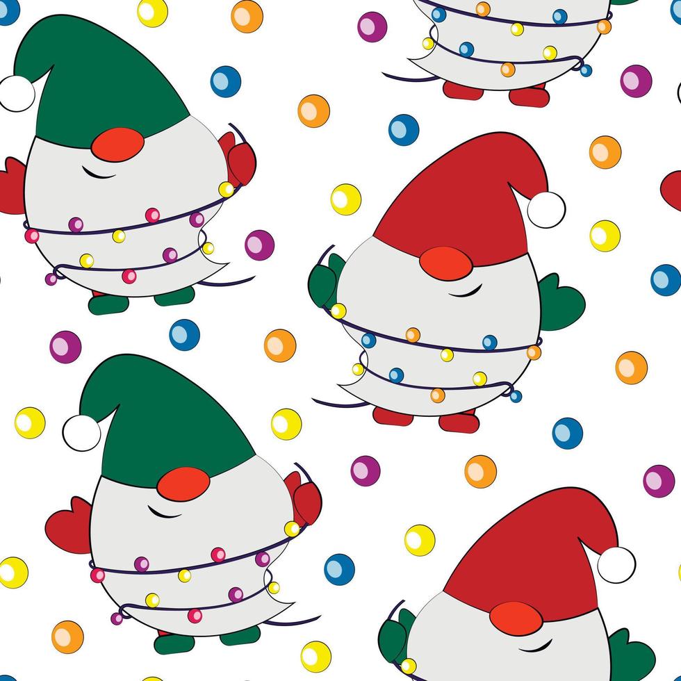 Seamless vector pattern with cute cartoon Gnomes and light garland