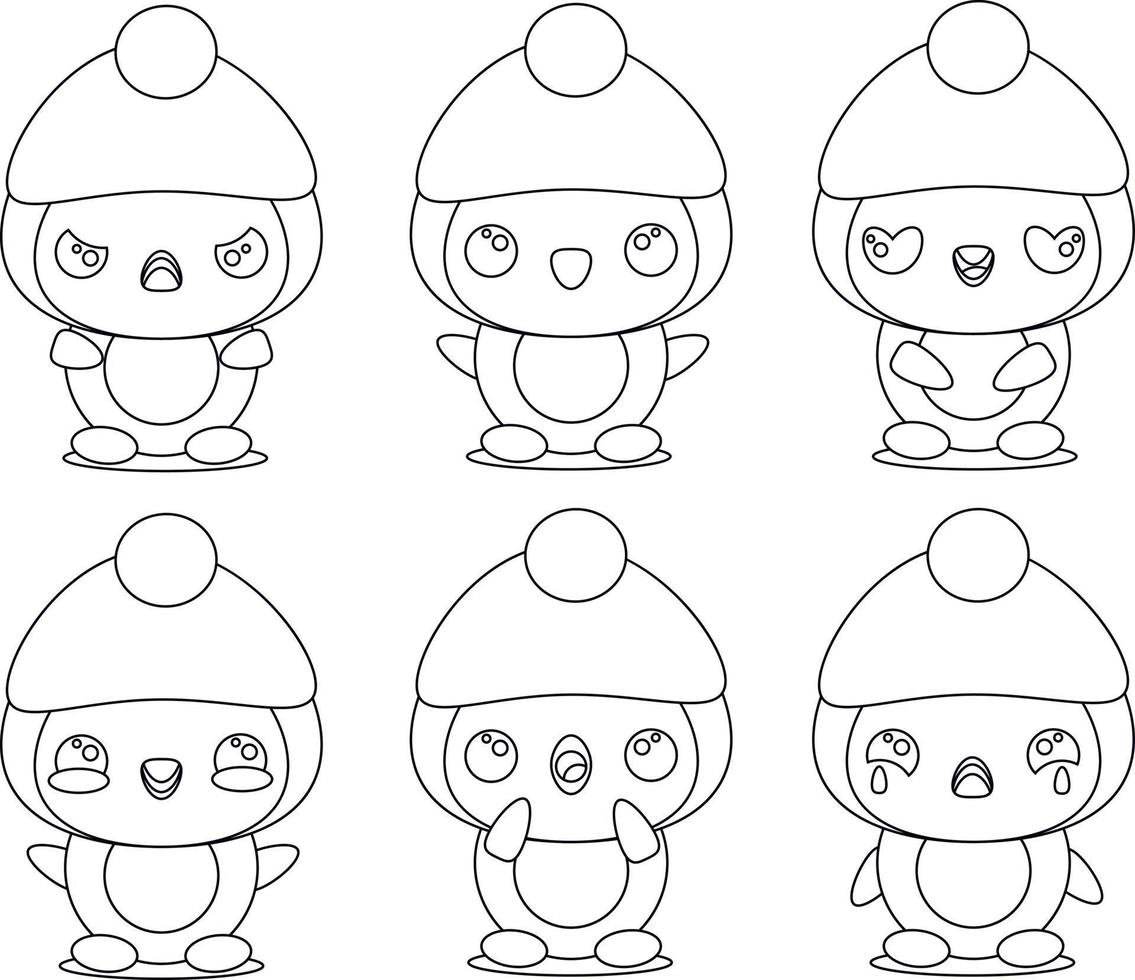 Set of linear cute penguin with different emotions vector