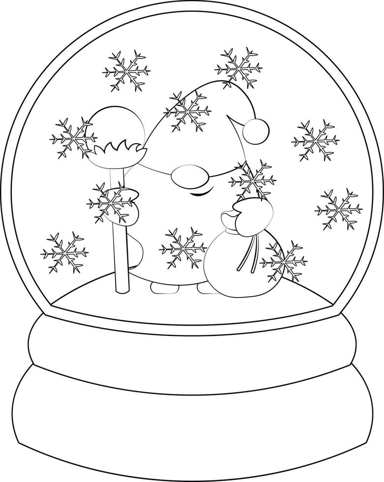 Christmas snowball with Gnome Santa. Draw illustration in black and white vector