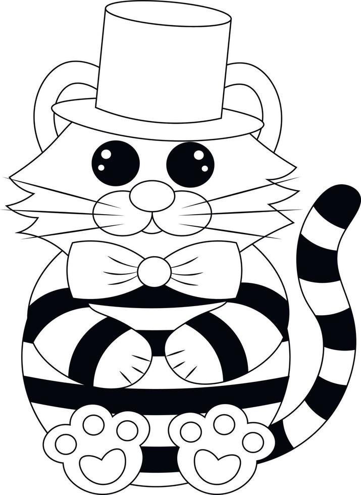 lindo tigre dormido de dibujos animados con sombrero y corbata. dibujar ilustraciones en blanco y negro vector