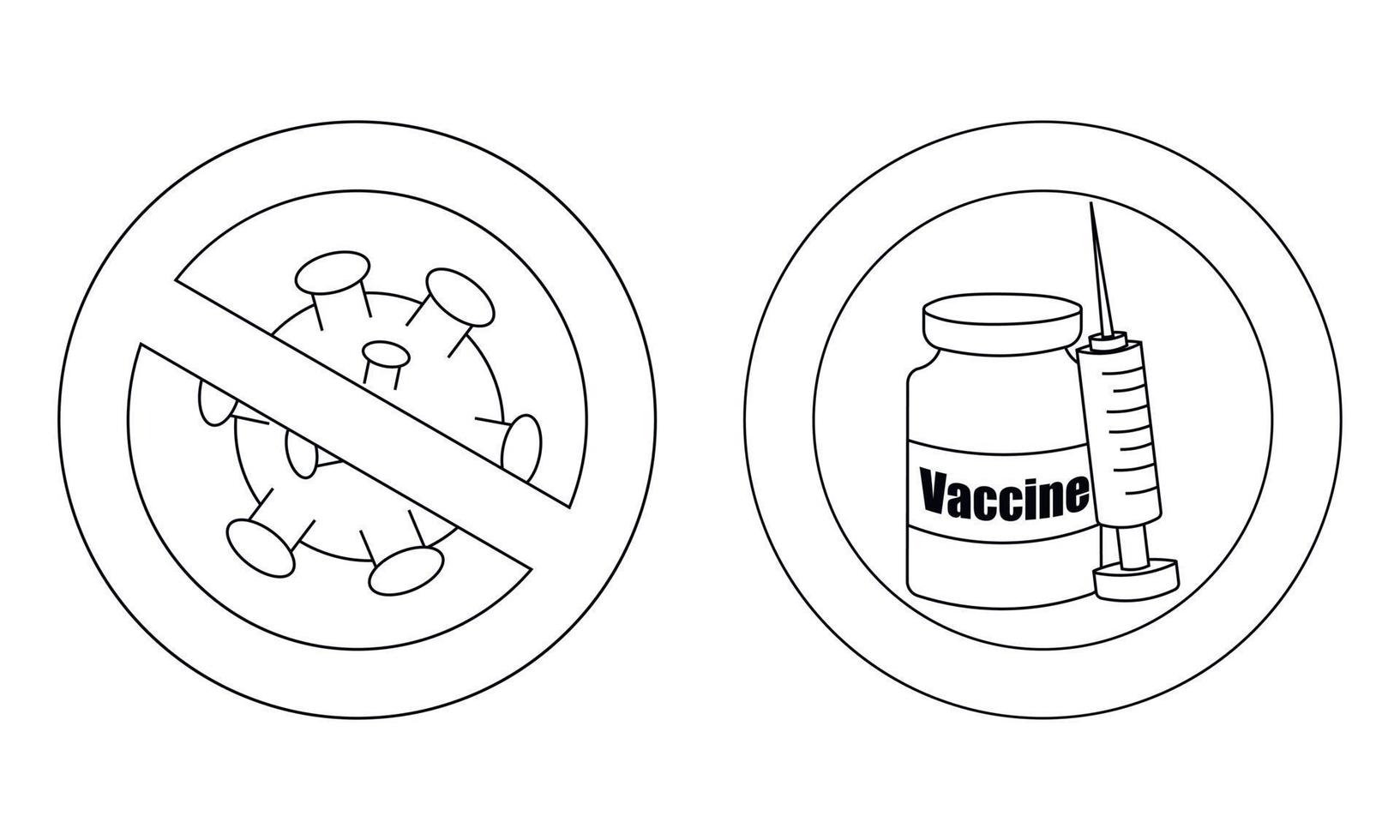 Vaccine in circle and virus in forbidden. Draw illustration in black and white vector