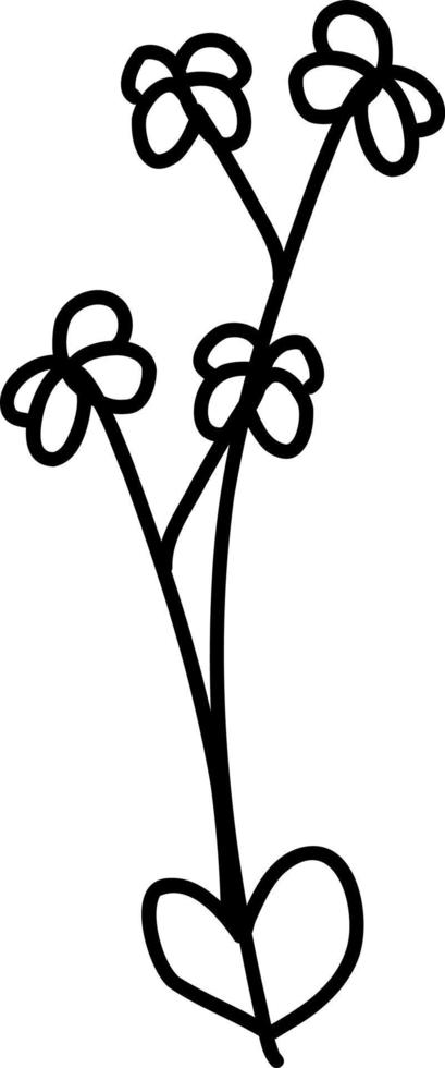 Flowers branches with leaves line drawing, doodle style. vector