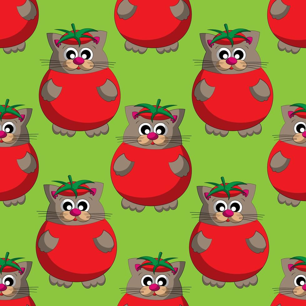 Seamless vector pattern with cute cartoon cat in tomato