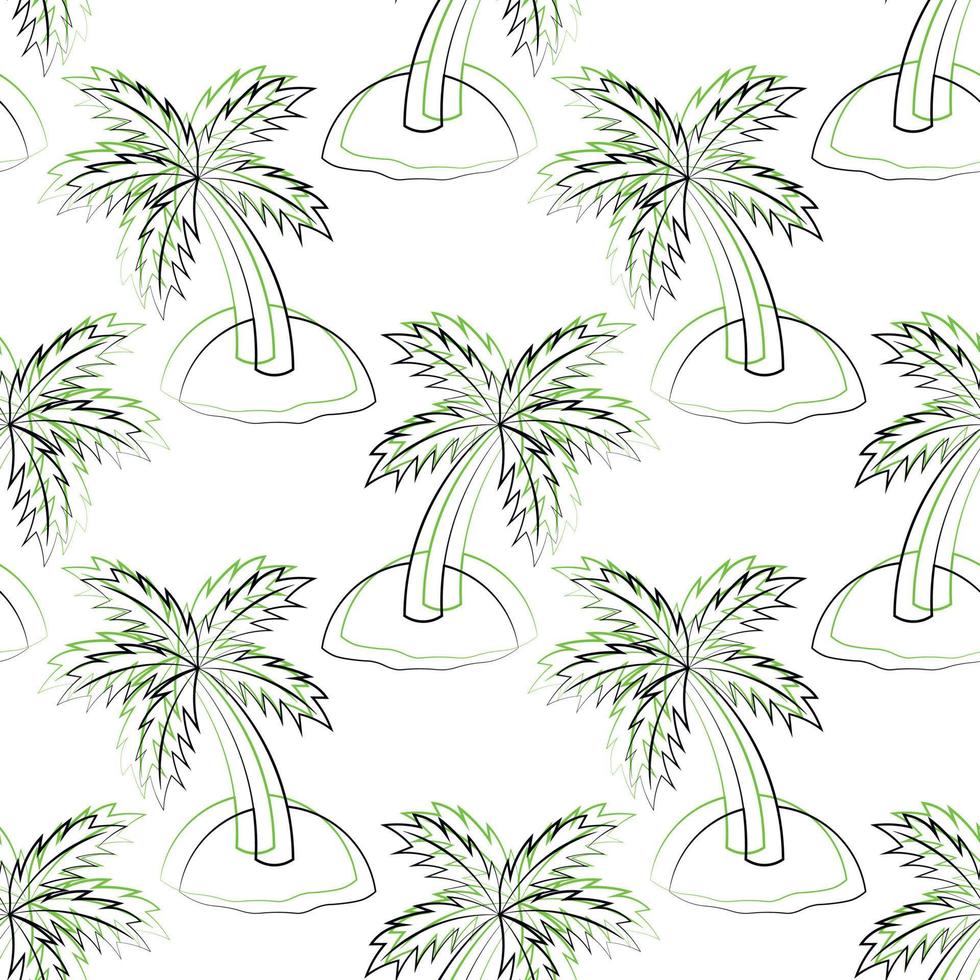 Seamless vector pattern with outline green Island with palm tree
