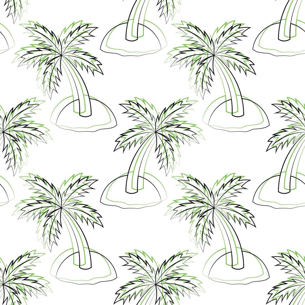 Seamless vector pattern with outline green Island with palm tree