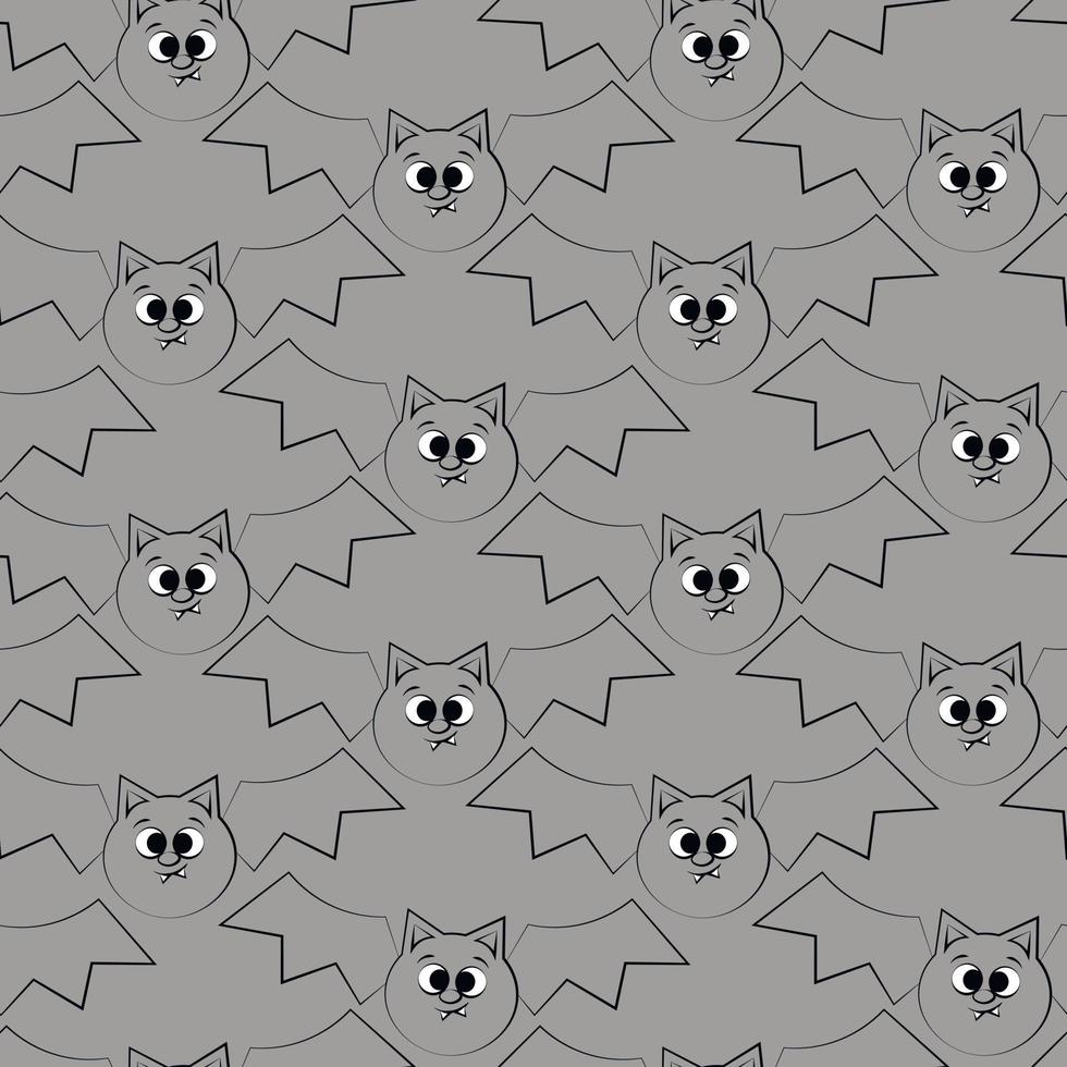 Seamless vector pattern with outline gray cute cartoon bat