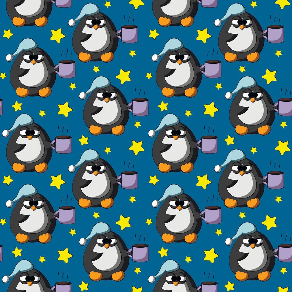 Seamless vector pattern with cute cartoon sleep penguin and star