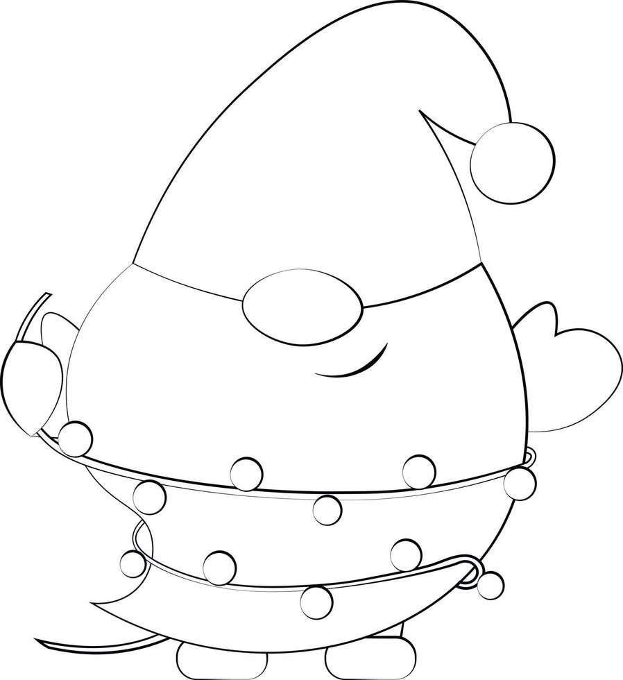 Little christmas Gnome with light garland. Draw illustration in black and white vector