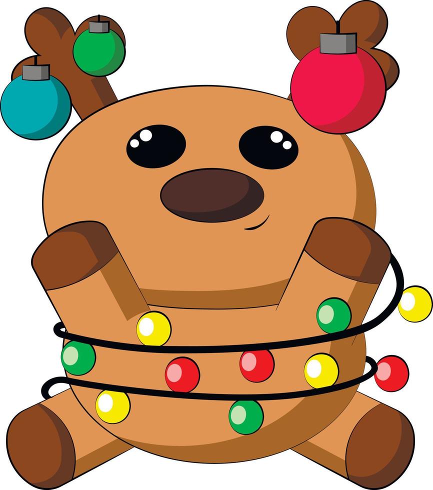 Cute cartoon Reindeer in garland and toys. Draw illustration in color vector