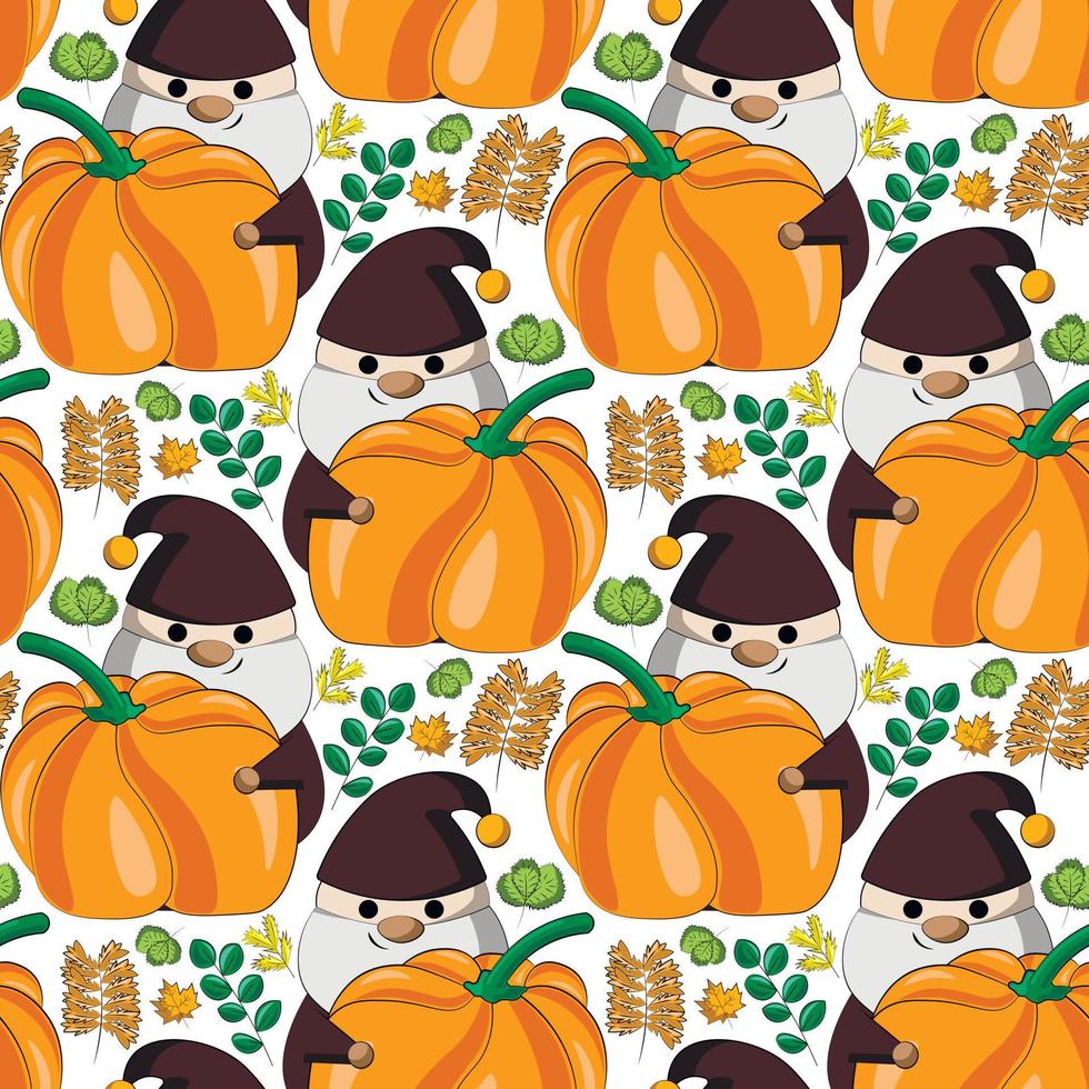 Seamless vector pattern with little autumns Gnomes with pumpkin and leaf