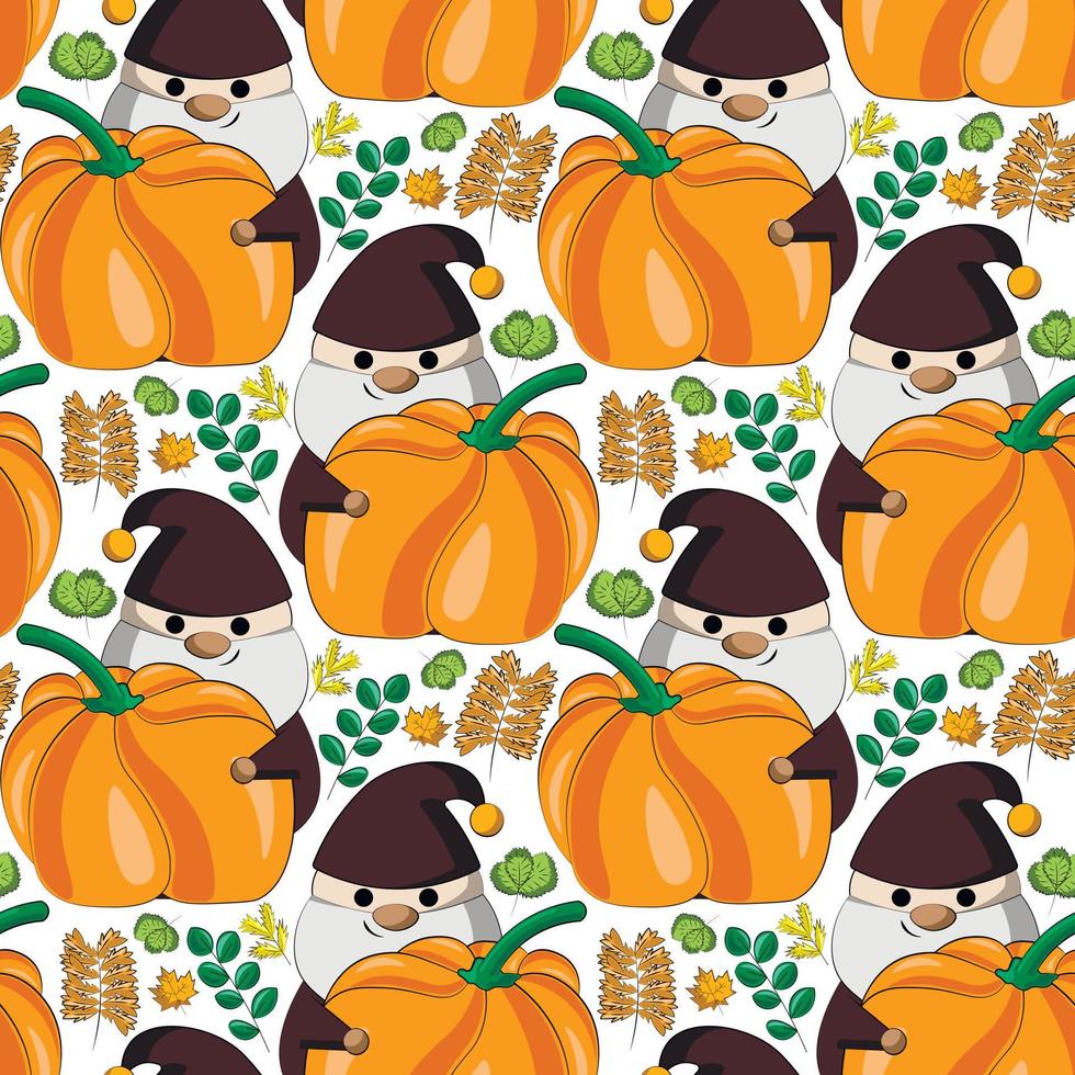 Seamless vector pattern with little autumns Gnomes with pumpkin and leaf