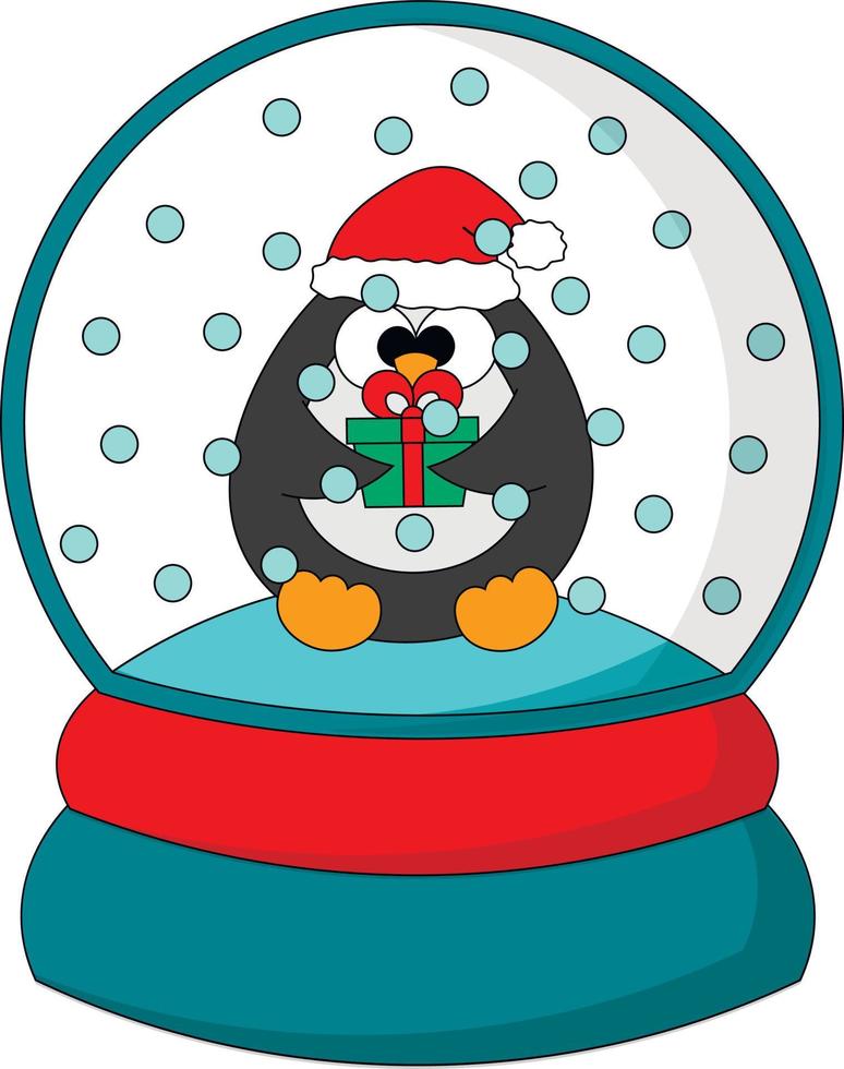 Christmas snowball with Penguin and gift box. Draw illustration in color vector