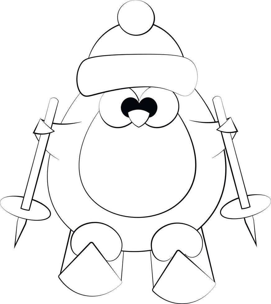 Cute cartoon Penguin by ski. Draw illustration in black and white vector