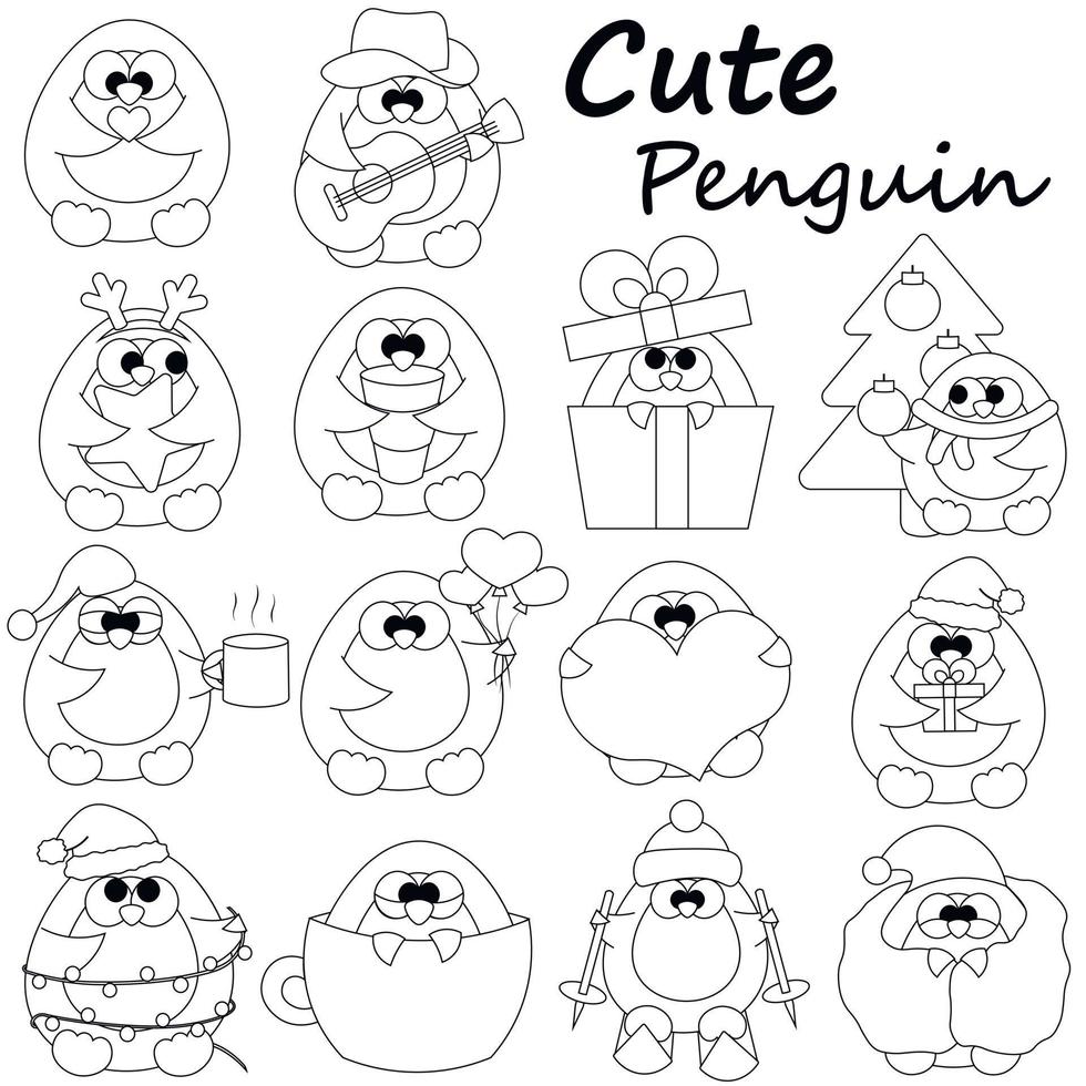 Set cute cartoon penguin. Draw illustration in black and white vector