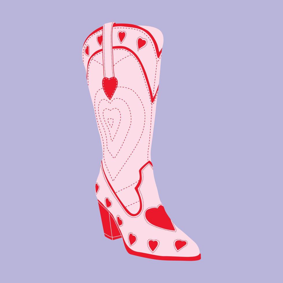 bota vaquera con adornos de corazón rojo sobre morado. la vaquera usa botas de moda. tema vaquero del oeste, salvaje oeste, texas. varias botas vaqueras. ilustración de moda dibujada a mano. vector