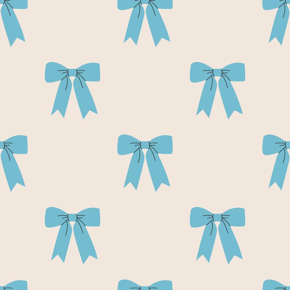 Festive gift bows and ribbons in cartoon style. Simple decorative bow for hair. Blue bow for presents wrapping elements. Gift birthday xmas sale decor. Hand drawn flat seamless pattern. vector