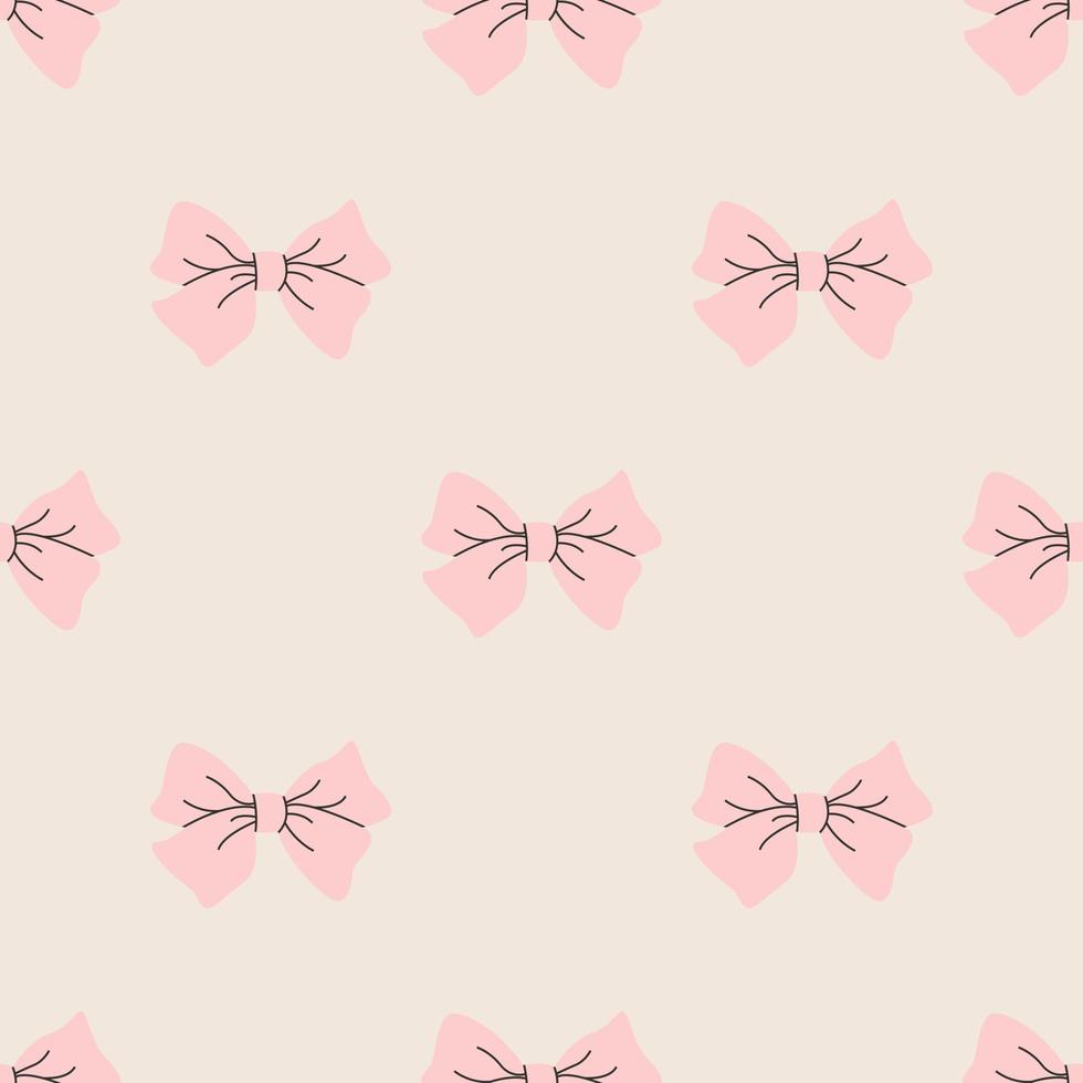 Festive gift bows and ribbons in cartoon style. Simple decorative bow for hair. Pink bow for presents wrapping elements. Gift birthday xmas sale decor. Hand drawn flat seamless pattern. vector