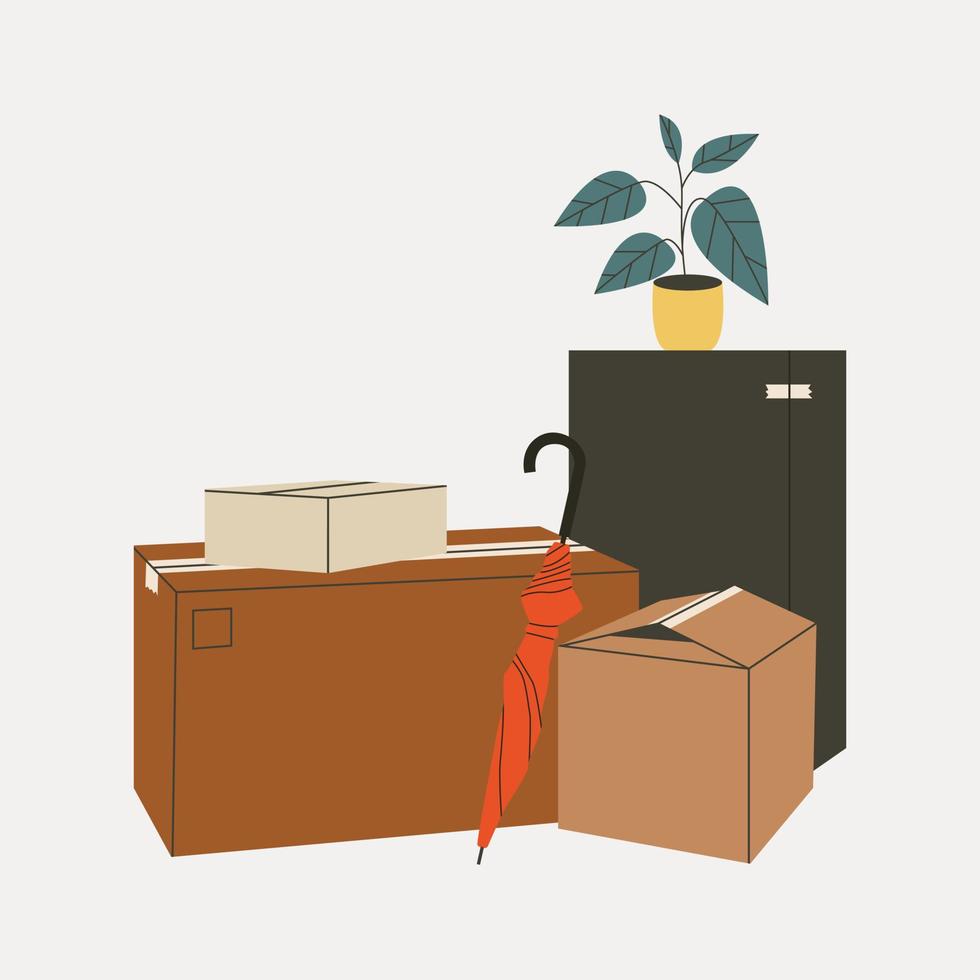 mudanza con cajas a una nueva casa.concepto de viaje. montón de cajas de cartón apiladas con varias cosas de la casa, una planta, un paraguas. ilustración aislada de dibujos animados dibujados a mano. vector