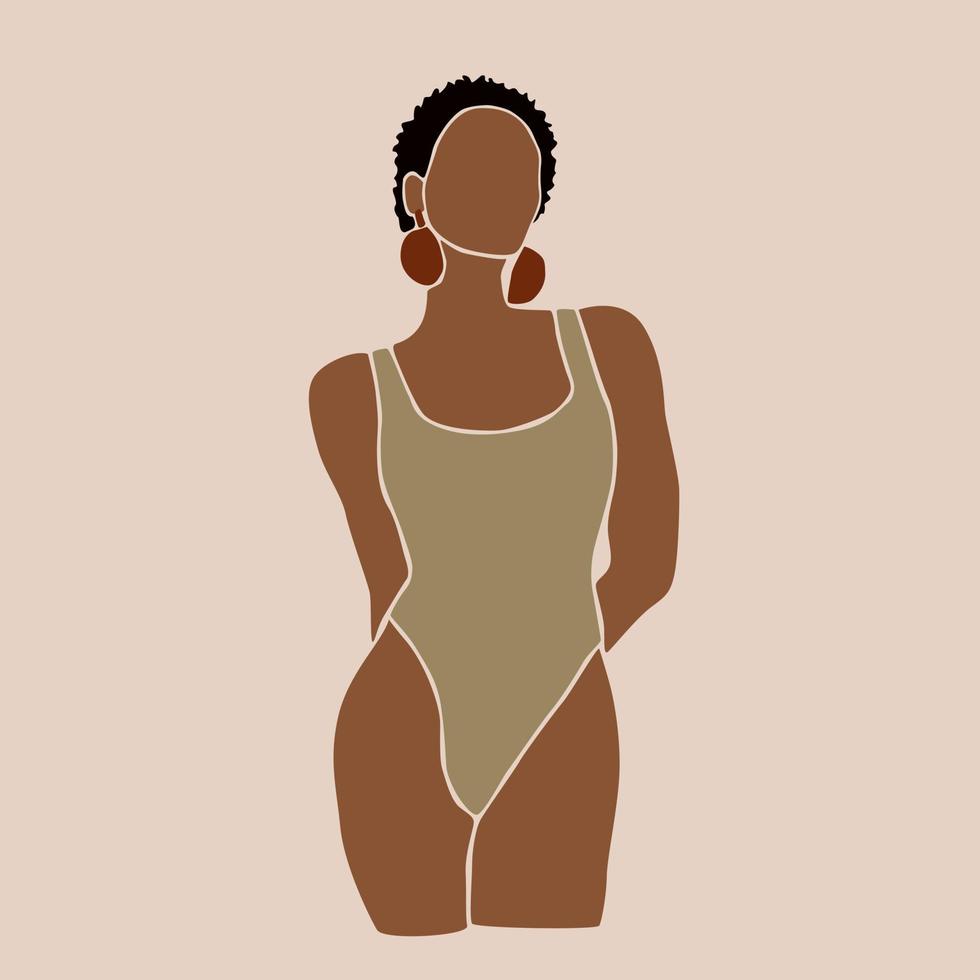 Modern abstract african woman body figure in swimsuit. Silhouette of faceless woman. Female shape. International women in underwear. Contemporary art. Minimalist aesthetic illustration. Summer fashion vector