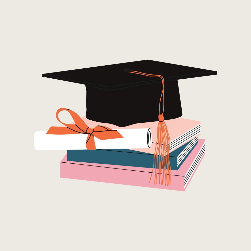 Graduation cap on book stack with diploma. Pile of books, encyclopedias, education and success concept, university library, academic and school knowledge. Hand drawn flat cartoon illustration. vector