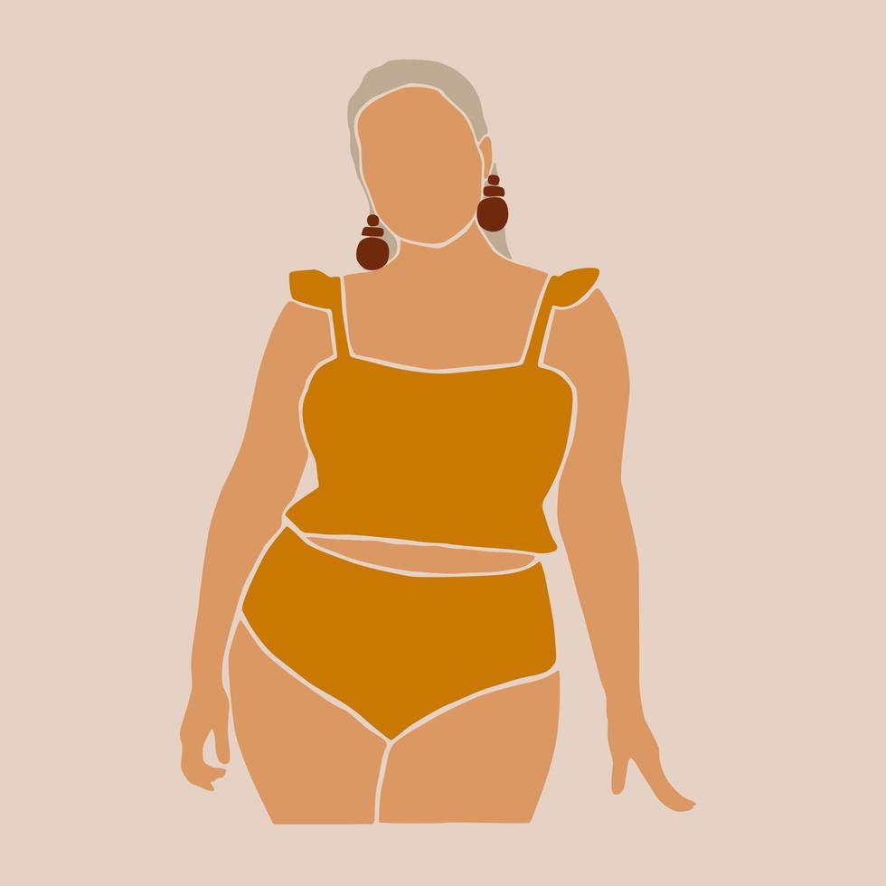 figura de cuerpo de mujer abstracta moderna en traje de baño. forma femenina Mujeres internacionales de talla grande en ropa interior. arte contemporáneo. silueta de mujer sin rostro de verano. ilustración estética minimalista vector