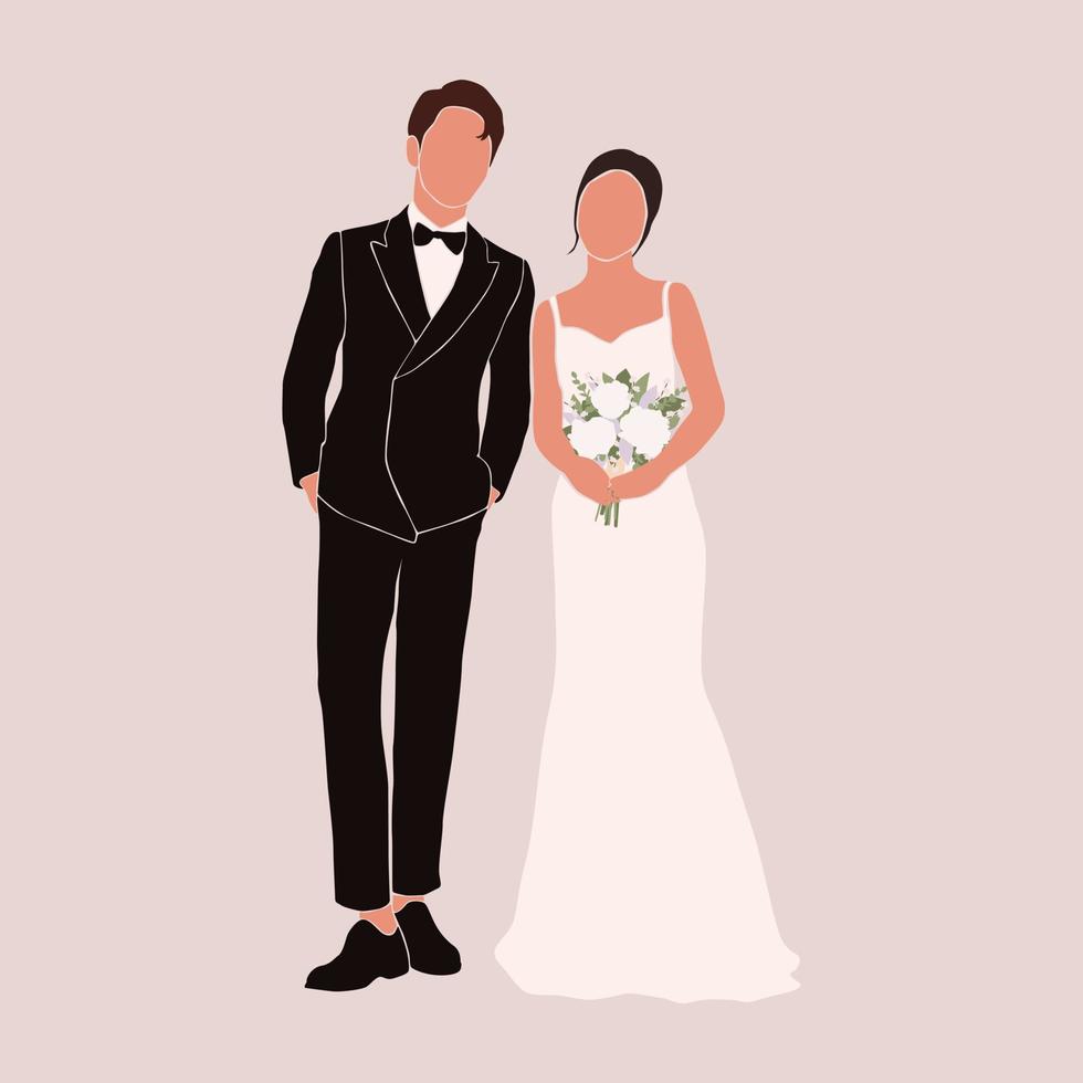 silueta abstracta de novios y novias. mujer con ramo y retrato de hombre. tarjeta de invitación. ceremonia de la boda. ilustración de personas de matrimonio. decoración de impresión de pared de cartel de recién casados vector