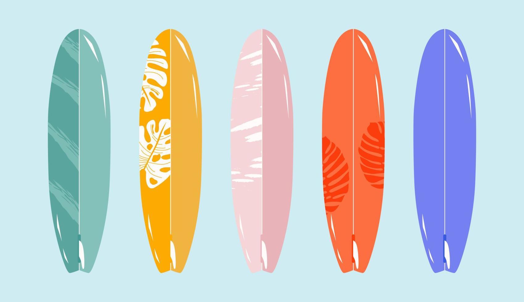 conjunto de tablas de surf de pie, diseño tropical.variedad de tablas de surf vectoriales dibujadas a mano aisladas. Hora de verano. deportes de verano y actividades ilustración conceptual de dibujos animados. diseño de moda para web e impresión vector