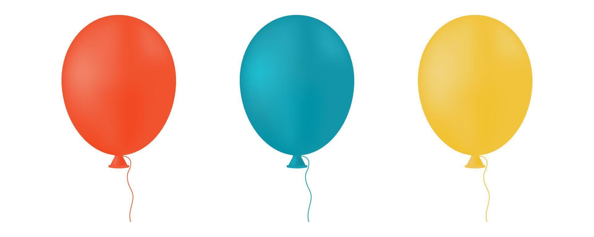 conjunto de globos de helio de aire con cinta. colección de globos realistas de diferentes colores, tonos mate. objeto de render 3d decorativo colorido festivo. elementos de diseño de celebración de decoración. vector