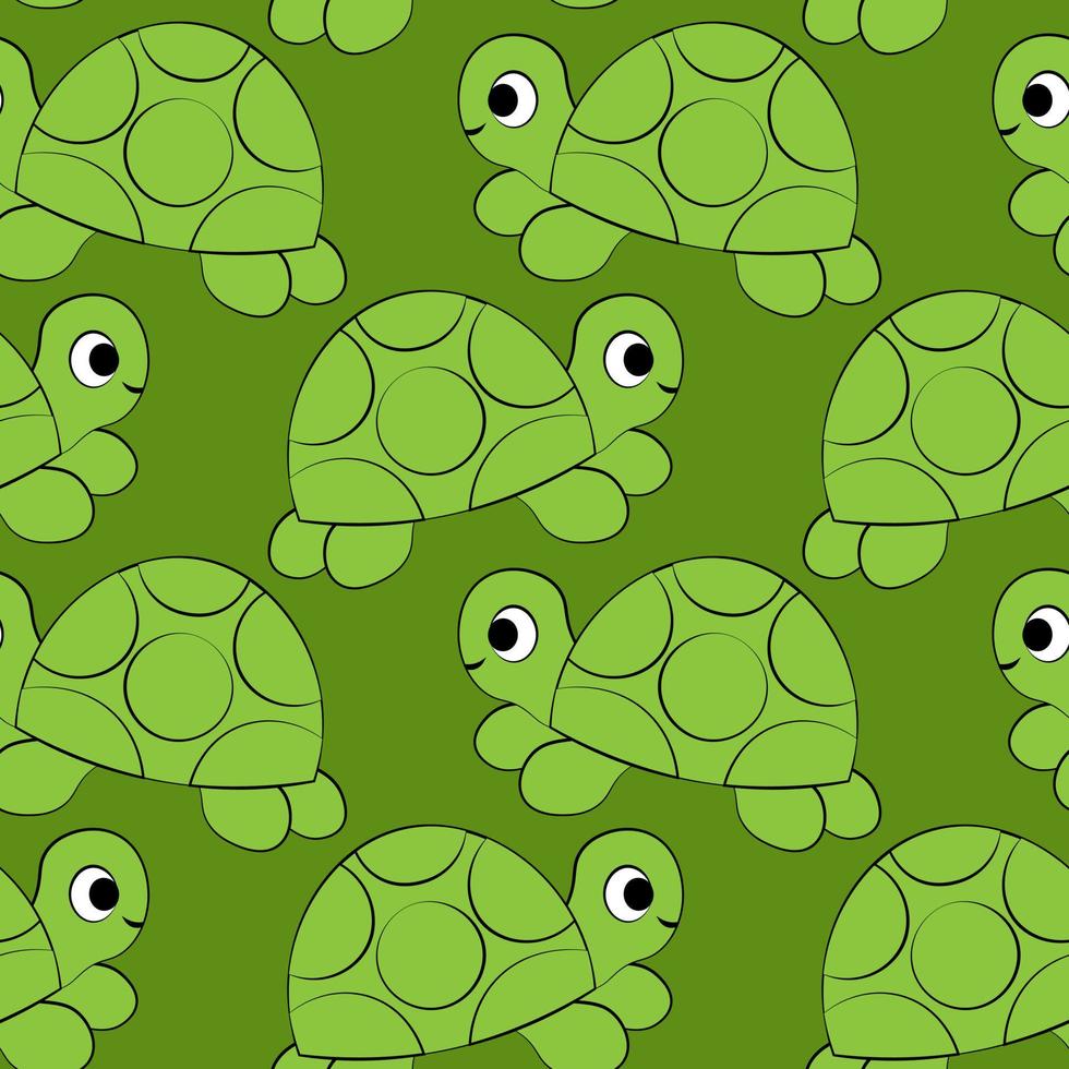Seamless vector pattern with outline green cute turtle