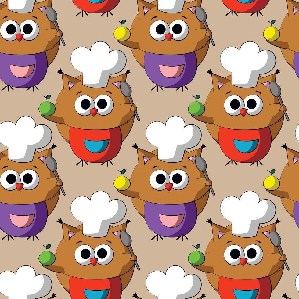 Seamless vector pattern with cute cartoon owl chef