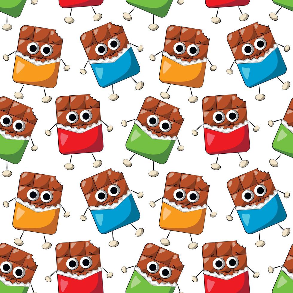 Seamless vector pattern with cute cartoon Chocolate character in wrapper