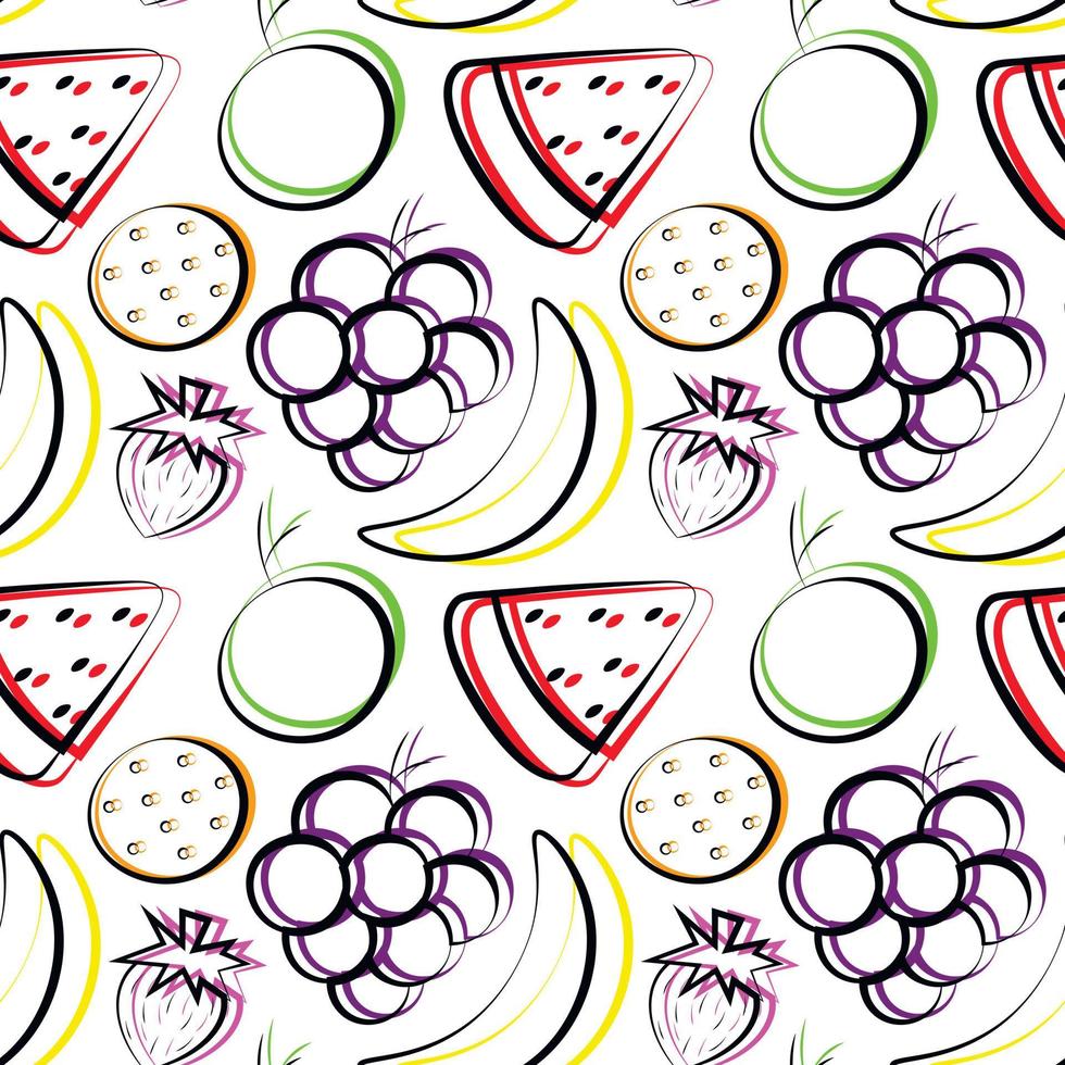 Seamless vector pattern with outline orange, apple, banana, grape, watermelon, pineapple and strawberry