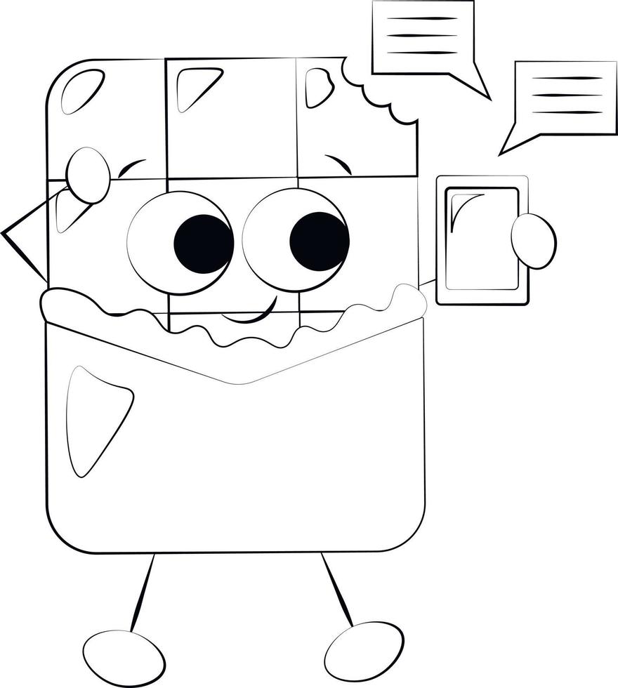Cute cartoon Chocolate Character with phone. Draw illustration in black and white vector