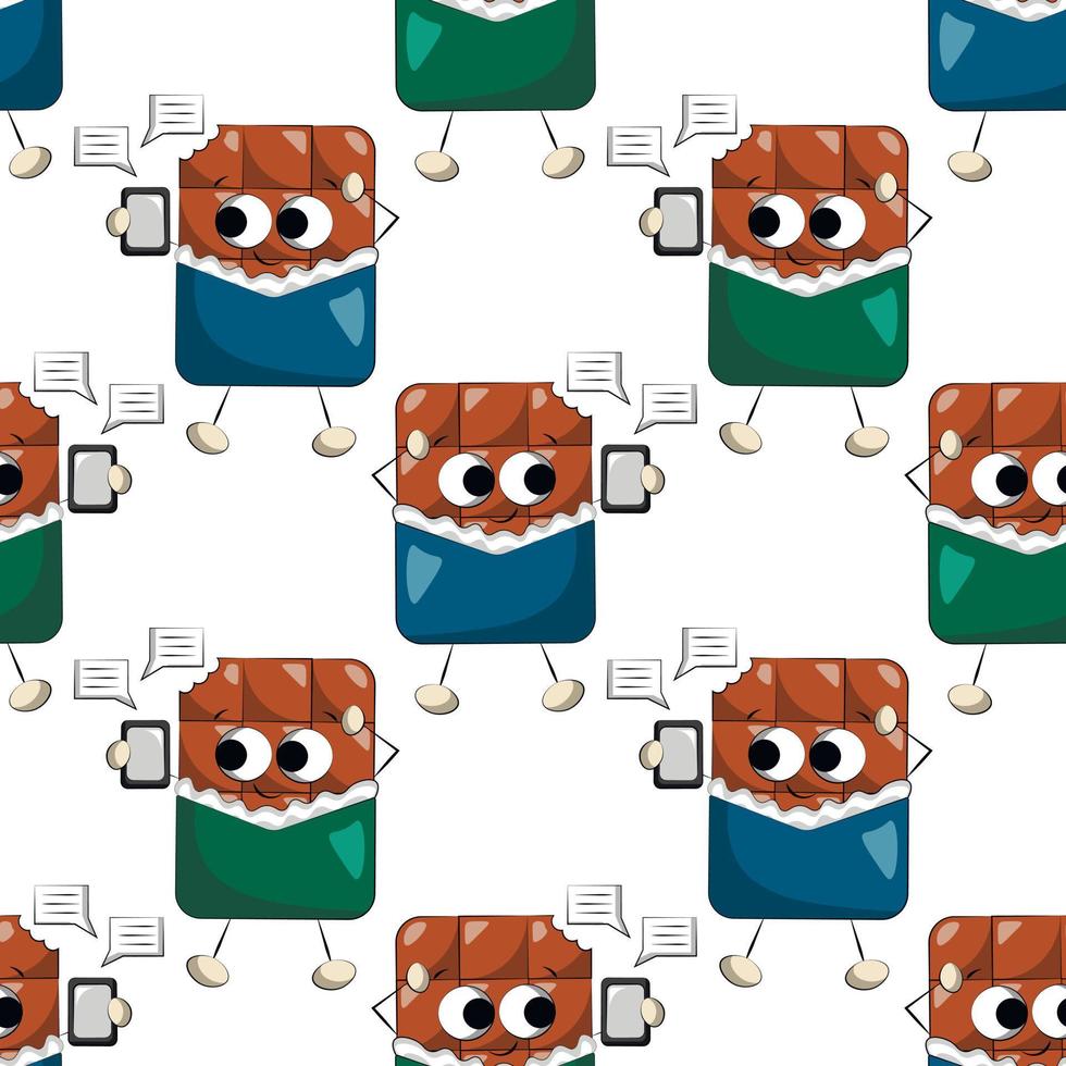 Seamless vector pattern with cute cartoon chocolate with phone