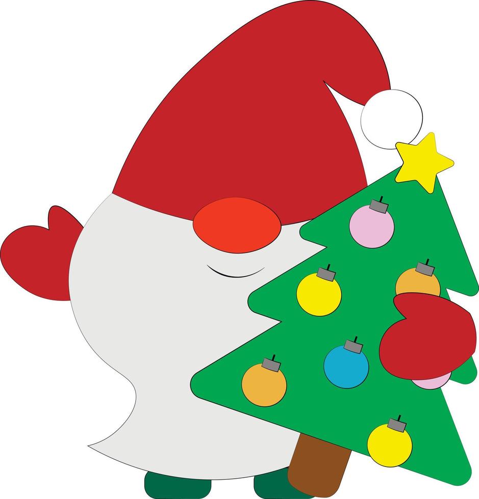 Little christmas Gnome with christmas tree. Draw illustration in color vector