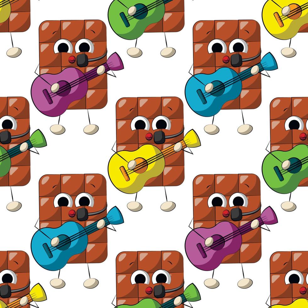 Seamless vector pattern with cute cartoon chocolate with guitar