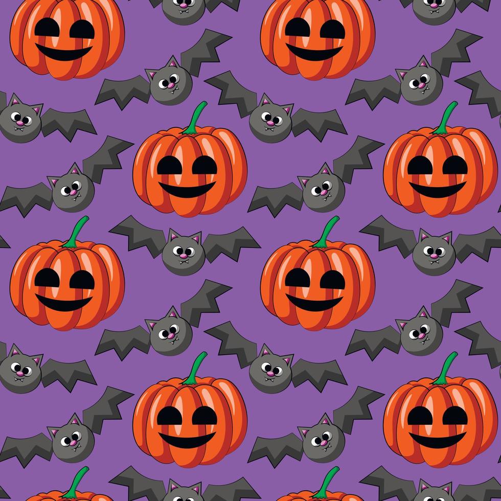 Seamless vector pattern with cartoon horror bat and pumpkin