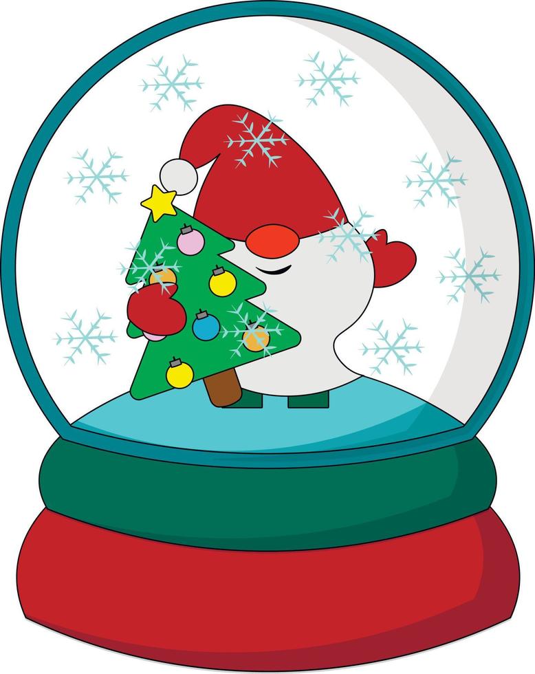 Christmas snowball with Gnome and Christmas tree. Draw illustration in color vector