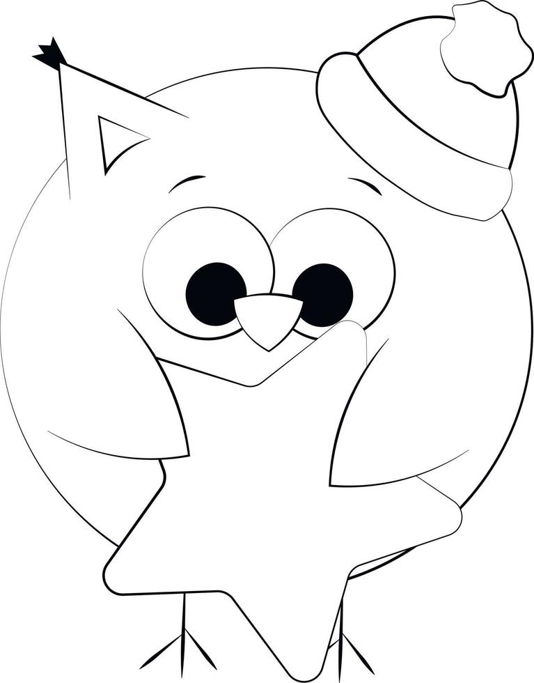 Cute cartoon Owl with hat and star. Draw illustration in black and white vector