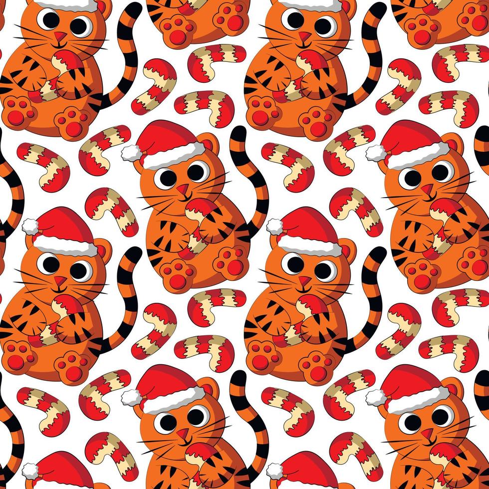 Seamless vector pattern with cute cartoon tiger in christmas hat with candy cane
