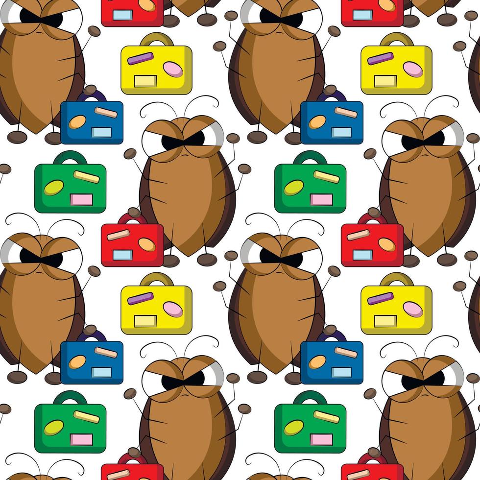 Seamless vector pattern with cute cartoon cockroach with suitcase